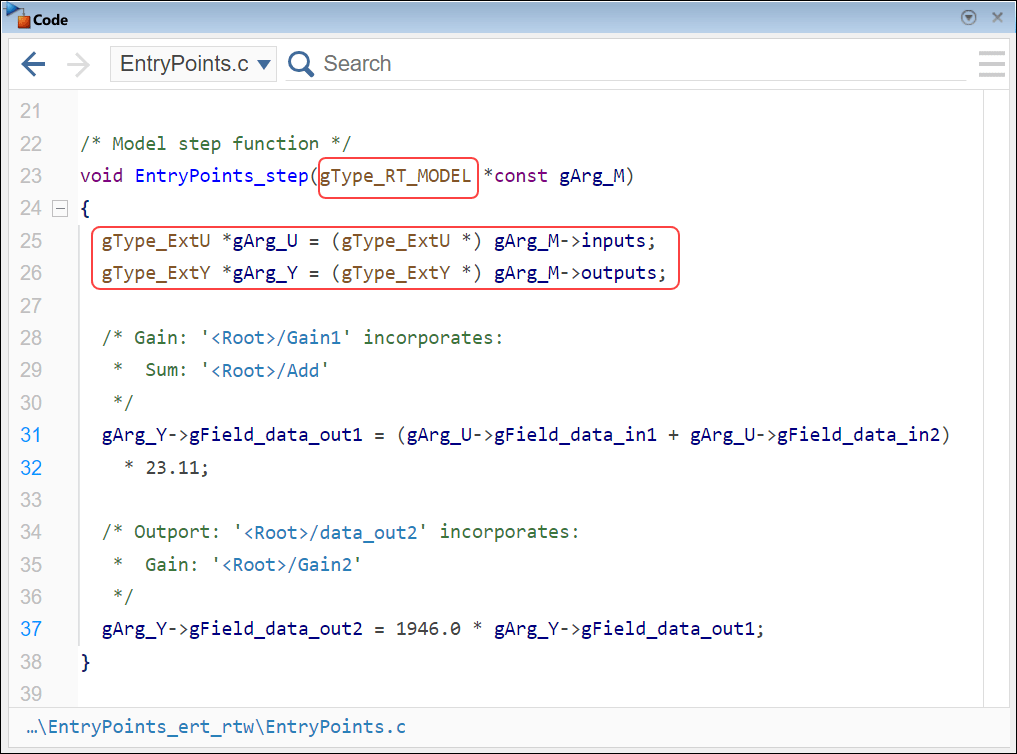 Code pane showing the definition of the function EntryPoints_step in the source code file EntryPoints.c.