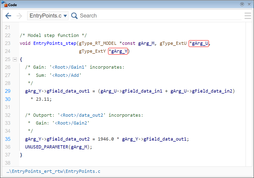 Code pane showing the definition of the function EntryPoints_step in the generated source code file EntryPoints.c. The input arguments gArg_U and gArg_Y are highlighted.