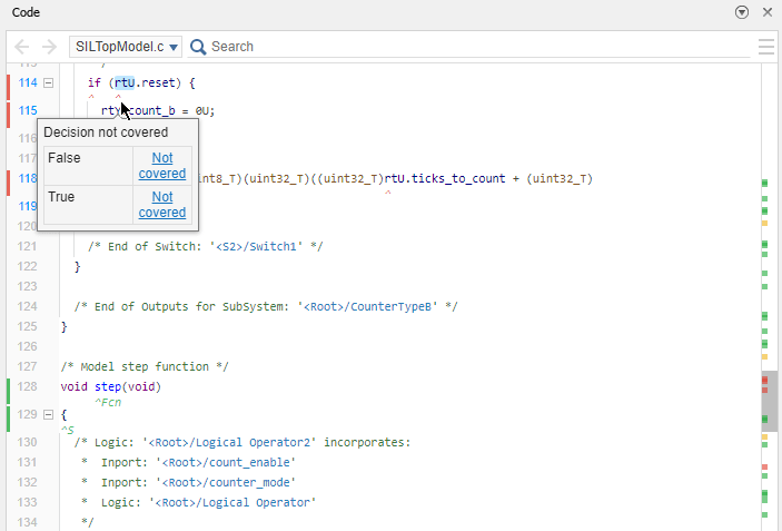 Code pane displays code generated from SILTopModel with coverage highlighting and annotations. Cursor is pointed at line 114 to display a tooltip with coverage results. The decision on line 114 shows zero decision outcomes covered.