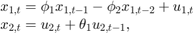 $$\begin{array}{l}&#10;{x_{1,t}} = \phi_1{x_{1,t - 1}} - \phi_2{x_{1,t - 2}} + {u_{1,t}}\\&#10;{x_{2,t}} = {u_{2,t}} + \theta_1{u_{2,t - 1}},&#10;\end{array}$$