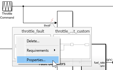 The image shows a portion of the example model, close to the To Controller subsystem. The cursor points to a context menu that displays after you click the fault operations icon in the fault preview window. The cursor points to the Properties option from the menu.