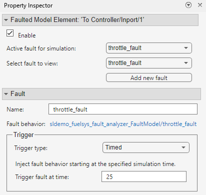 The Property Inspector displays the properties for the fault, throttle fault. The Trigger type property is set to Timed, and the Trigger fault at time property is set to 25.