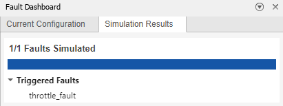 The image shows the Simulations Results tab in the Fault Dashboard pane. The pane shows the number of simulated faults out of the number of active faults. The pane shows that one fault is active, and one fault simulated. The Triggered Faults section is expanded, and it lists throttle_fault as the triggered fault.