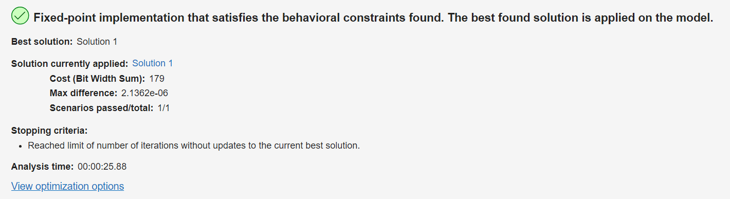 The Fixed-Point Tool displays the results of the optimization.