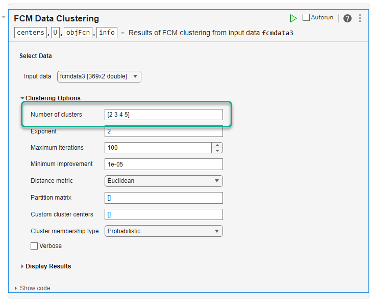 FCM Data clustering task with the Clustering Options section expanded. The Number of clusters parameter is highlighted with four cluster values, 2, 3, 4, and 5.