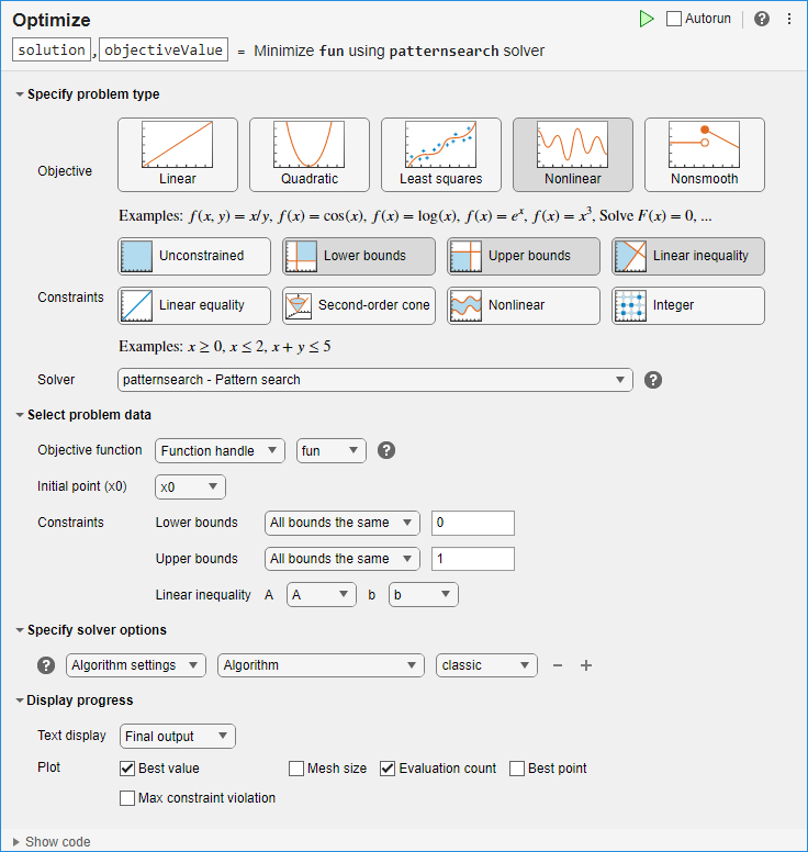 Optimize task fully configured with patternsearch solver, function handle fun, initial point x0, bounds, linear inequality constraints, classic algorithm, and Best value and Evaluation count plots