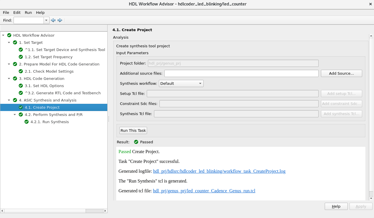 Create Project in HDL Workflow Advisor task to select default synthesis workflow