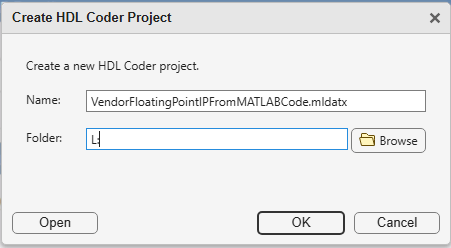 Create HDL Coder Project dialog box with project name and folder fields