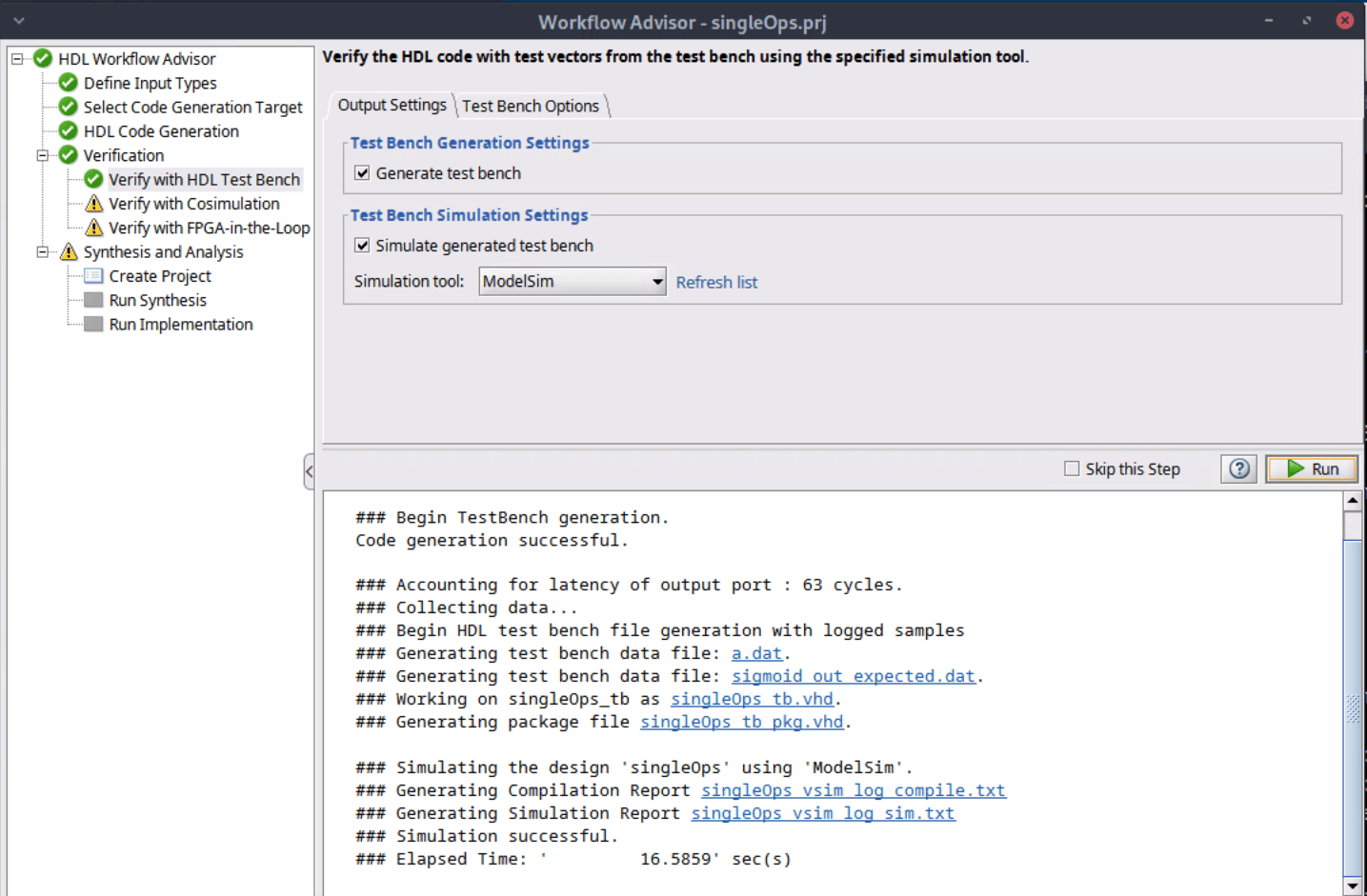 HDL Workflow Advisor showing successful test bench simulation with ModelSim including simulation log with TEST COMPLETED (PASSED) message