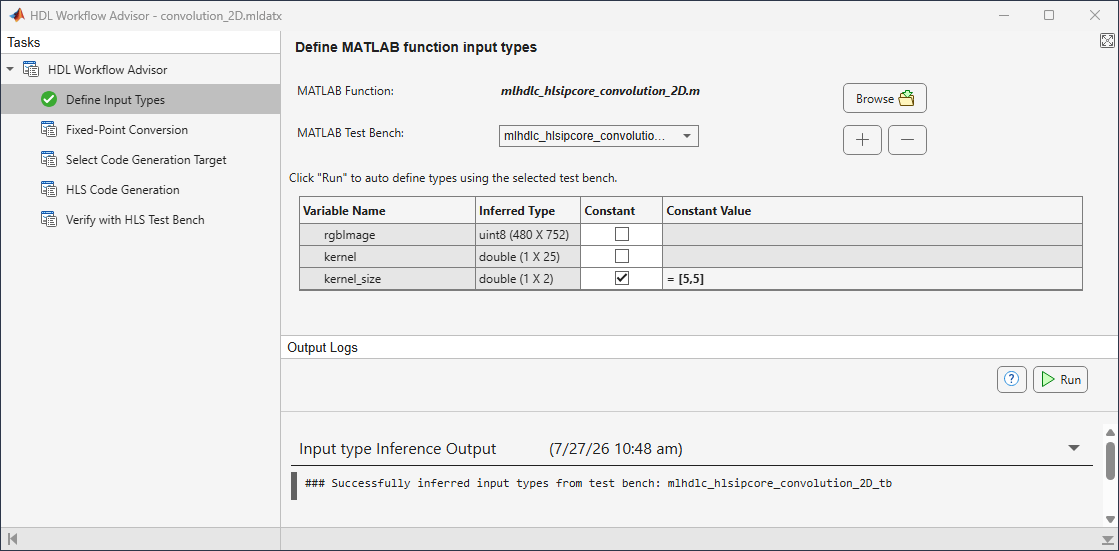 Define Input Types task showing variable types and constant configuration