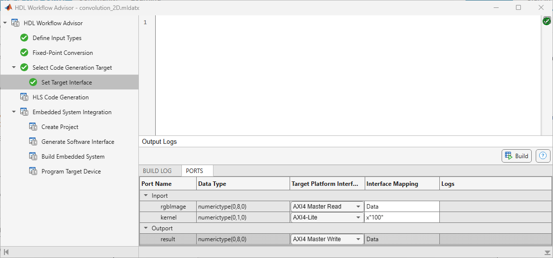 Set Target Interface task showing port mapping to AXI4 Master Read, AXI4-Lite, and AXI4 Master Write