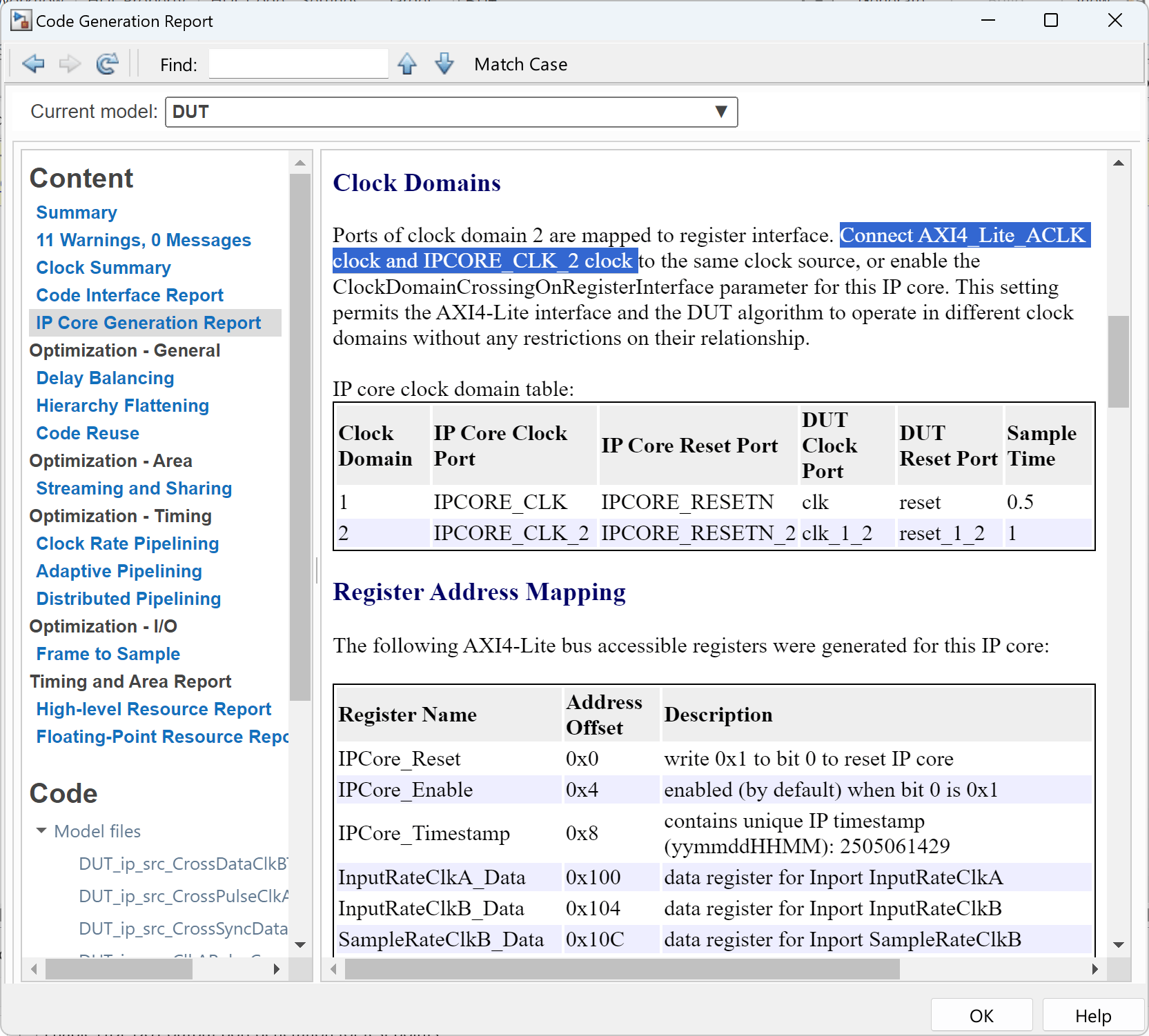 Code Generation Report showing clock domain table and register address mapping for the IP core