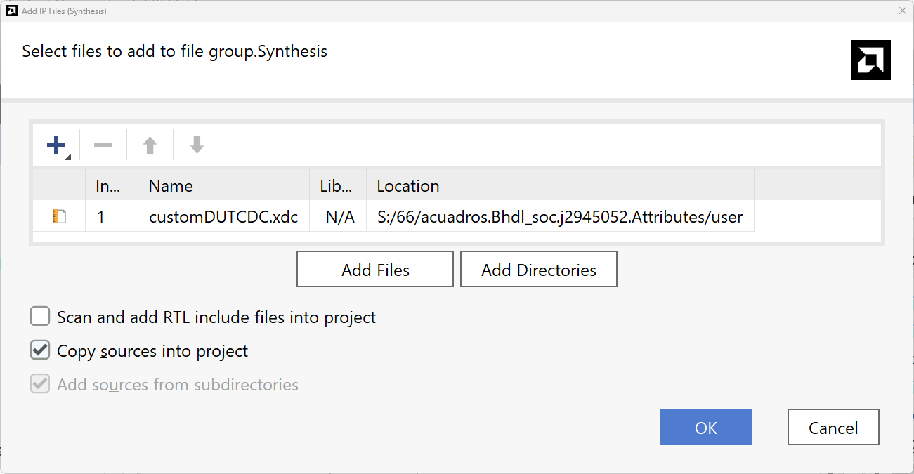 Add IP Files dialog with customDUTCDC.xdc selected and Copy sources into project enabled