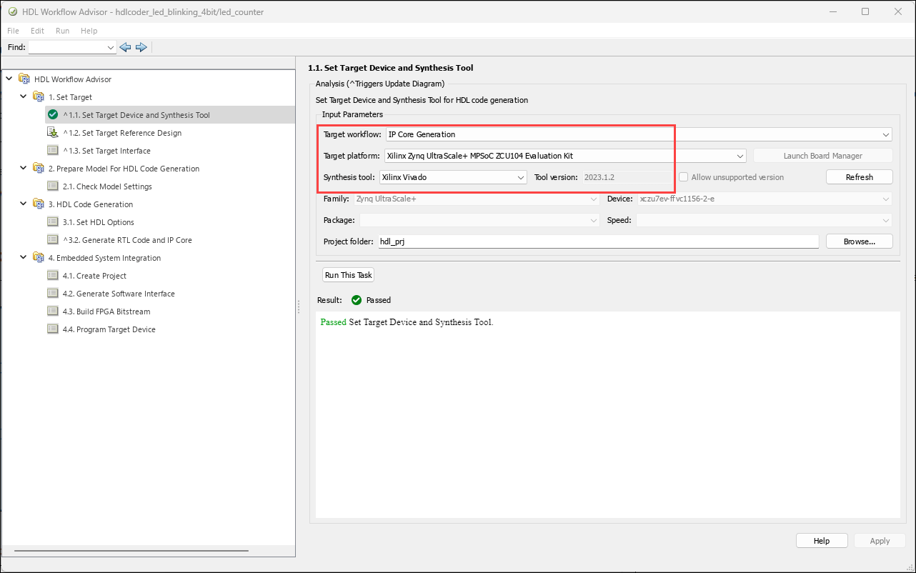 Selecting Target workflow and platform in Set Target Device and Synthesis Tool task in HDL Workflow Advisor