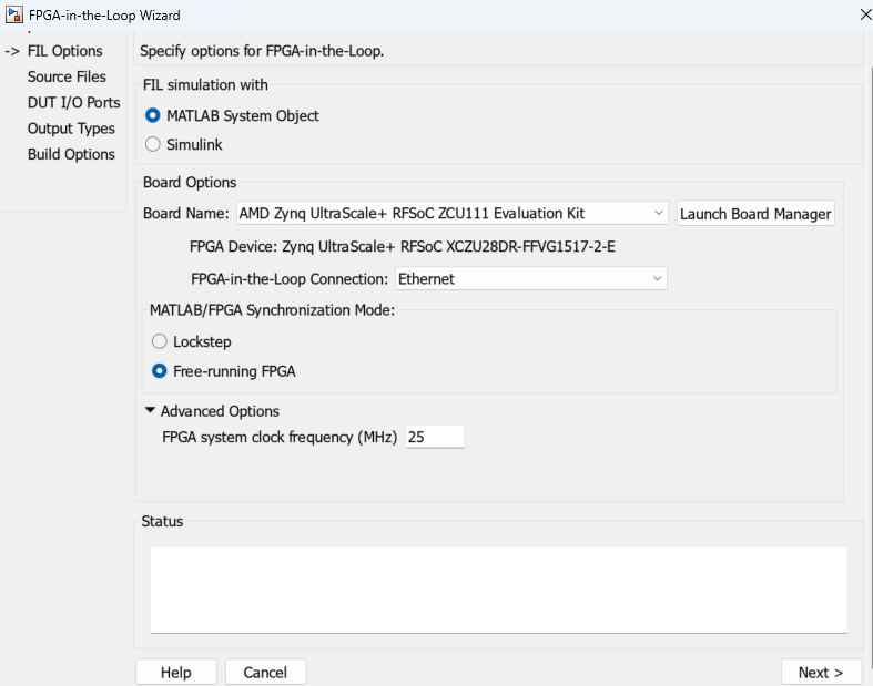 FPGA-in-the-Loop Wizard open on the FIL Options pane, with Board Name set to AMD Zynq UltraScale+ RFSoCZCU111 Evaluation Kit, FPGA-in-the-Loop Connection set to Ethernet, and Free-running FPGA mode selected.