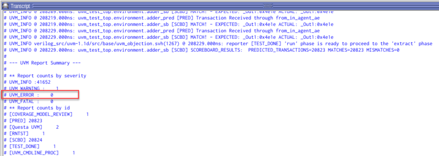 Questa Transcript window