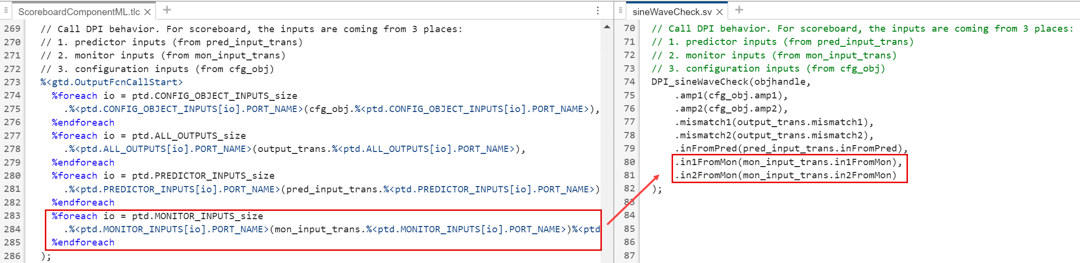 Side-by-side template file and generated file. It shows how to iterate over a port group.