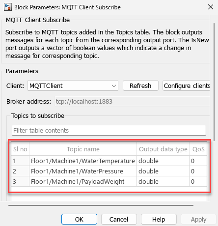 Add topics to subscribe using MQTT Client Subscribe block