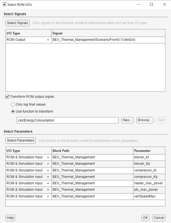 Select ROM I/Os dialog box showing the selected signals and parameters.