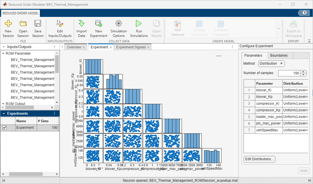 Experiment tab in the Reduced Order Modeler app.