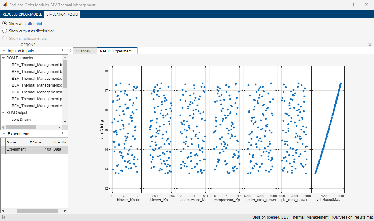Reduced Order Modeler app showing the simulation results.