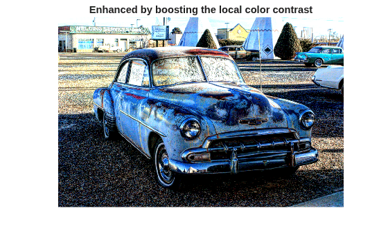 Figure contains an axes object. The hidden axes object with title Enhanced by boosting the local color contrast contains an object of type image.