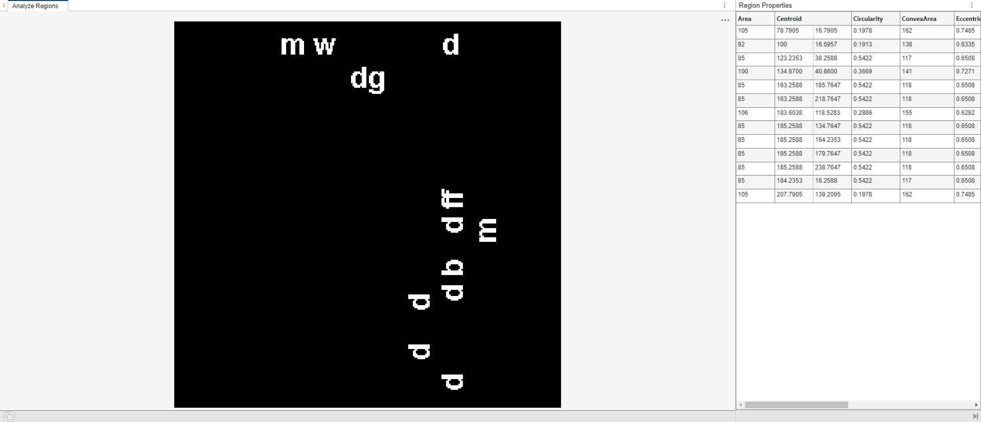 Only regions that meet the filter criteria appear in the binary image and the table of region properties.
