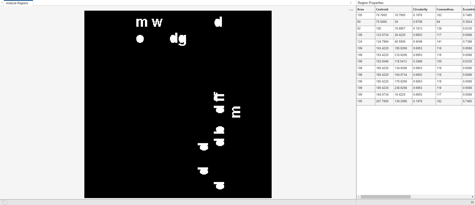 Only filled regions that meet the filter criteria appear in the binary image and the table of region properties.