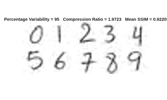 Figure contains an axes object. The hidden axes object with title Percentage Variability = 95 Compression Ratio = 1.9723 Mean SSIM = 0.92205 contains an object of type image.