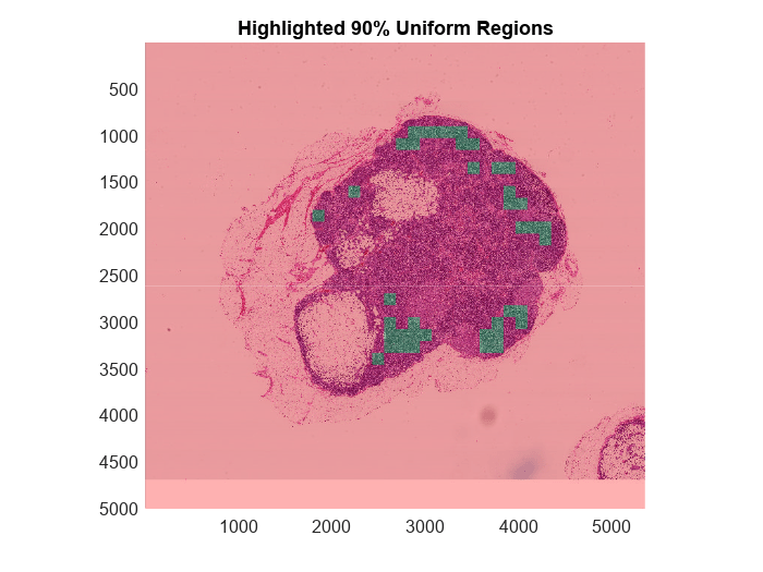 Figure contains an axes object. The axes object with title Highlighted 90% Uniform Regions contains an object of type bigimageshow.