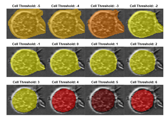 Figure contains 12 axes objects. Axes object 1 with title Cell Threshold: -5 contains an object of type image. Axes object 2 with title Cell Threshold: -4 contains an object of type image. Axes object 3 with title Cell Threshold: -3 contains an object of type image. Axes object 4 with title Cell Threshold: -2 contains an object of type image. Axes object 5 with title Cell Threshold: -1 contains an object of type image. Axes object 6 with title Cell Threshold: 0 contains an object of type image. Axes object 7 with title Cell Threshold: 1 contains an object of type image. Axes object 8 with title Cell Threshold: 2 contains an object of type image. Axes object 9 with title Cell Threshold: 3 contains an object of type image. Axes object 10 with title Cell Threshold: 4 contains an object of type image. Axes object 11 with title Cell Threshold: 5 contains an object of type image. Axes object 12 with title Cell Threshold: 6 contains an object of type image.