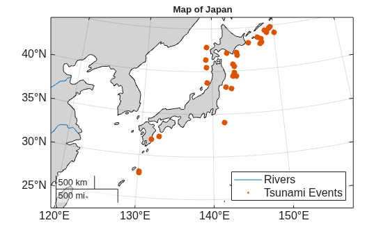 Figure contains an axes object with type mapaxes. The mapaxes object contains 2 objects of type line, point. These objects represent Rivers, Tsunami Events.