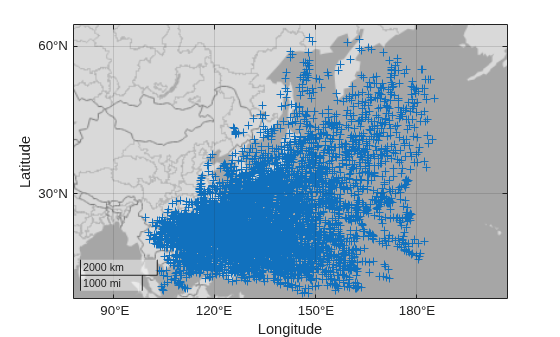 Figure contains an axes object with type geoaxes. The geoaxes object contains an object of type scatter.