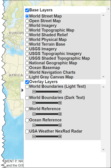 Layer Manager with options for base layers and overlay layers