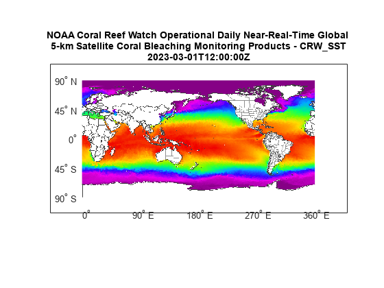 Figure contains an axes object. The axes object with title NOAA Coral Reef Watch Operational Daily Near-Real-Time Global 5-km Satellite Coral Bleaching Monitoring Products - CRW_SST 2023-03-01T12:00:00Z contains 11 objects of type surface, text.
