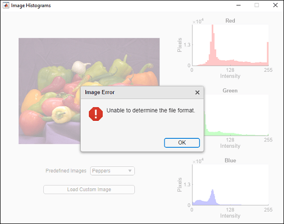 Image Histograms app with an alert dialog box. The title of the dialog box is "Image Error" and the text is "Unable to determine the file format".