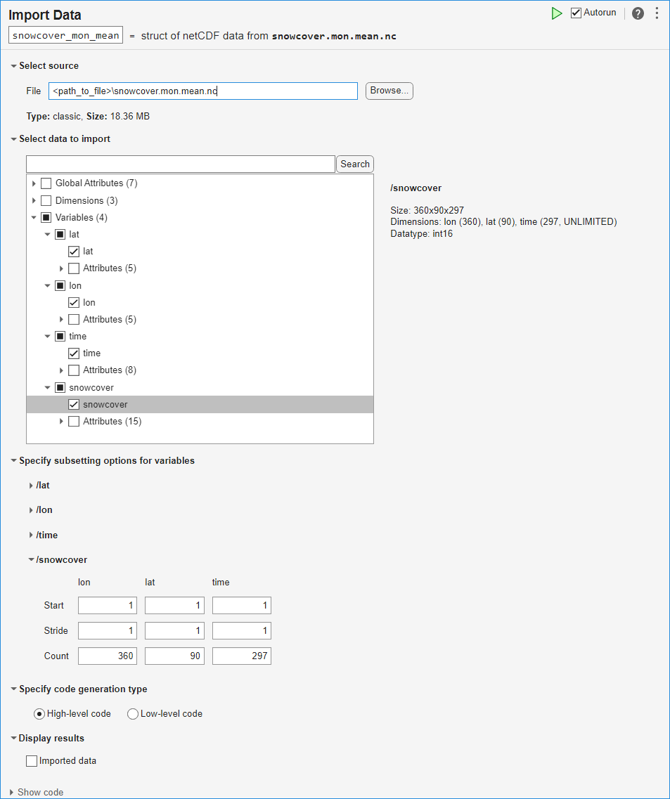 Import Data Live Editor task with the snowcover.mon.mean.nc file imported, showing all variables selected for import