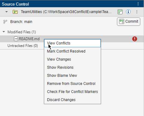 Git repository in the Source Control panel with one file conflict