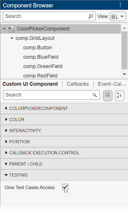 App Designer Component Browser. The ColorPickerComponent node is selected and the "Give Test Cases Access" check box is selected.