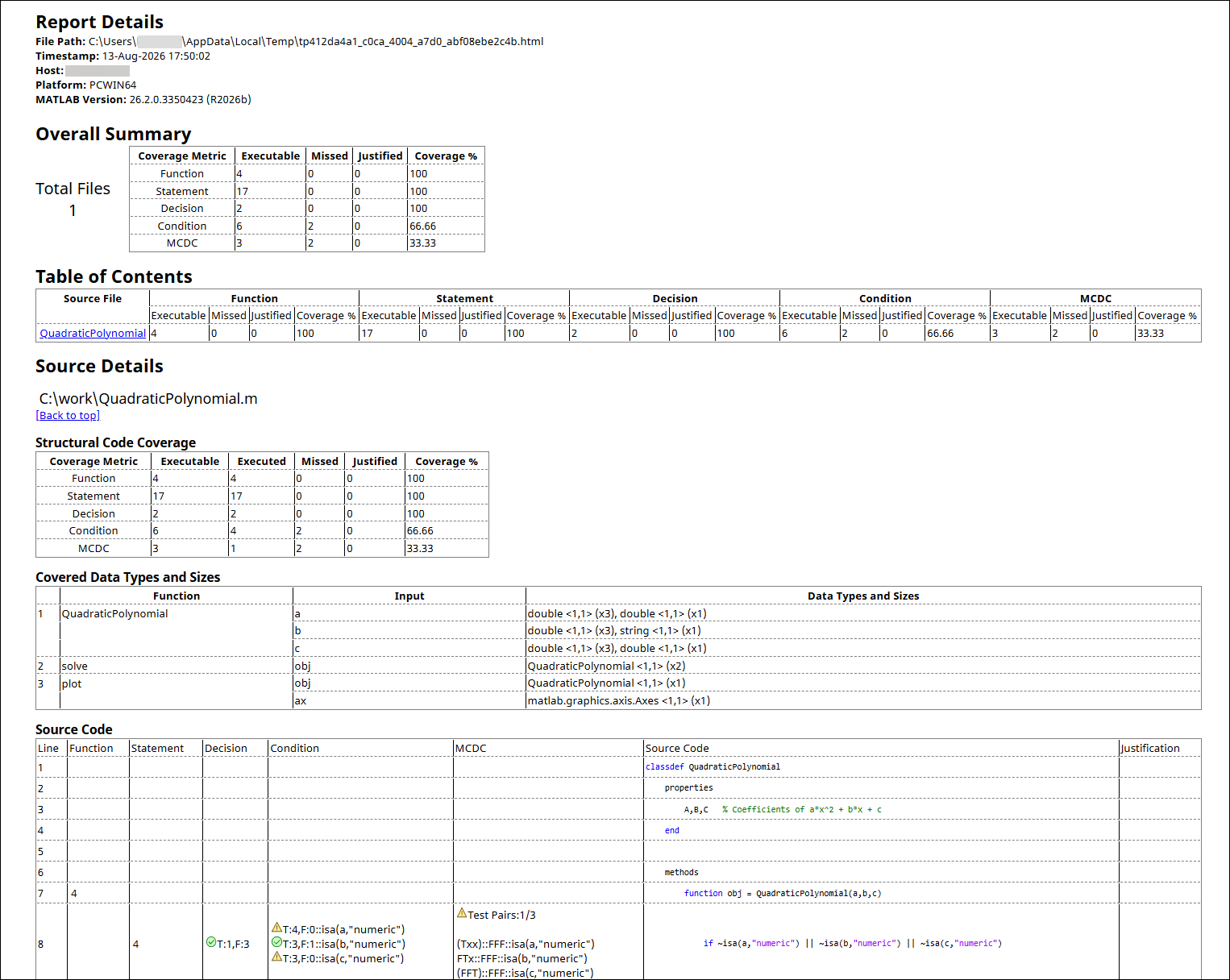 Standalone code coverage report, including the Report Details, Overall Summary, Table of Contents, and Source Details sections. The Source Details section includes the Structural Code Coverage, Covered Data Types and Sizes, and Source Code tables.
