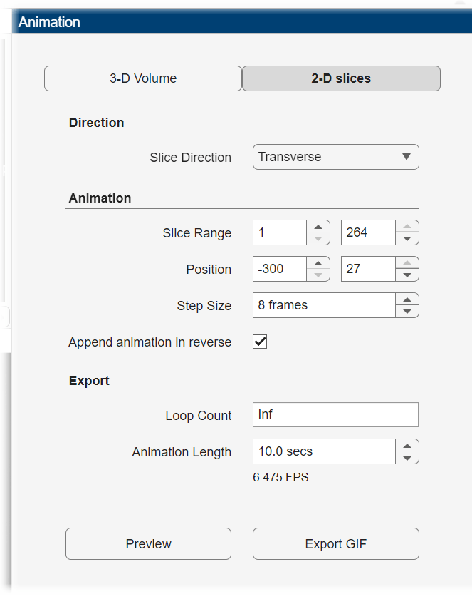 Animation pane for generating 2-D slice animations