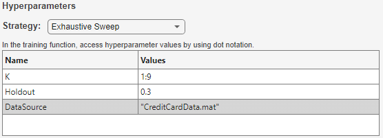 Hyperparameters in Experiment Manager, showing three hyperparameters