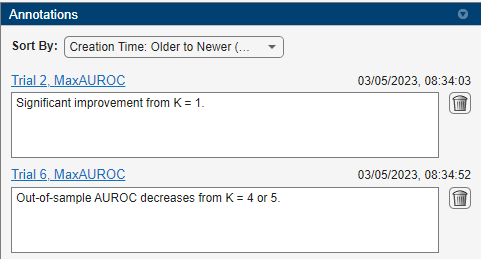 Annotations dialog box showing annotations for Trials 2 and 6