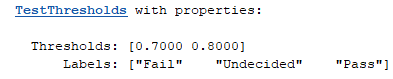 MATLAB output showing TestThresholds object properties