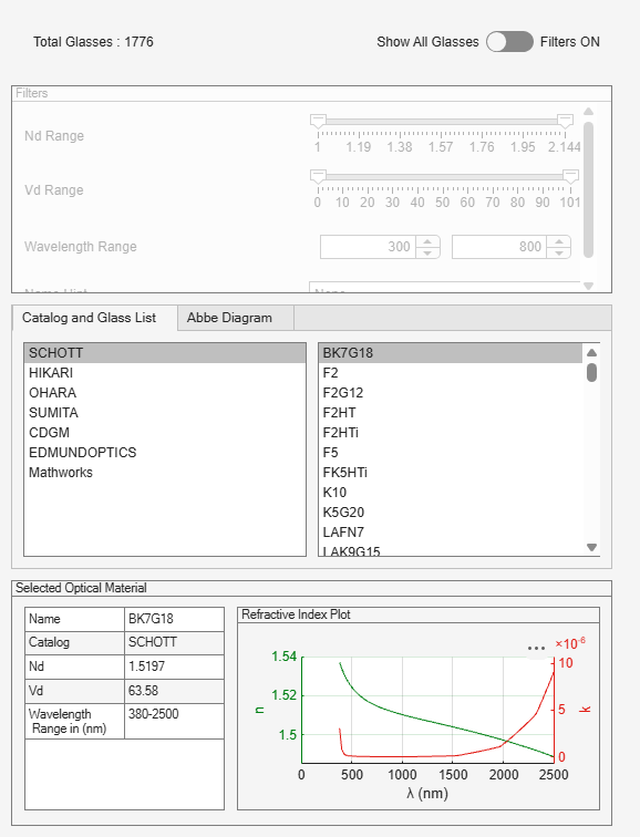 Figure Optical Material Picker contains an object of type optics.ui.opticalmaterialpicker.