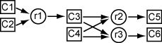 Sketch showing C1 and C2 combine at rate r1 to form C3, and C3 and C4 combine at rates r2 and r3 to form C5 and C6, respectively.
