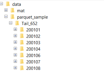 Folder strucure in current working folder. The parquet files are stored in subfolders for each month in the "data">"parquet_sample">"Tail_652" folder.