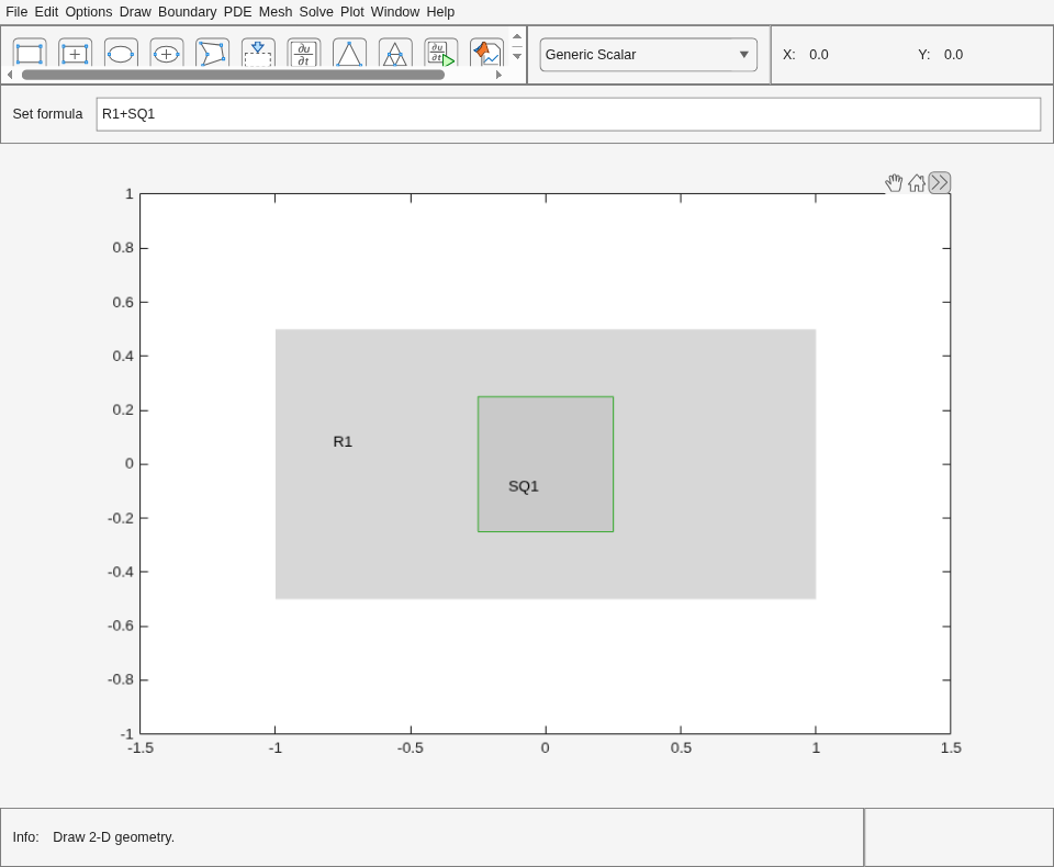 PDE Modeler app with rectangle R1 and square SQ1 combined using set formula R1+SQ1.