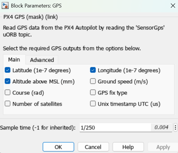 PX4 GPS block mask. Latitude (1e-7), Longitude (1e-7), and Altitude above MSL (mm) is selected.