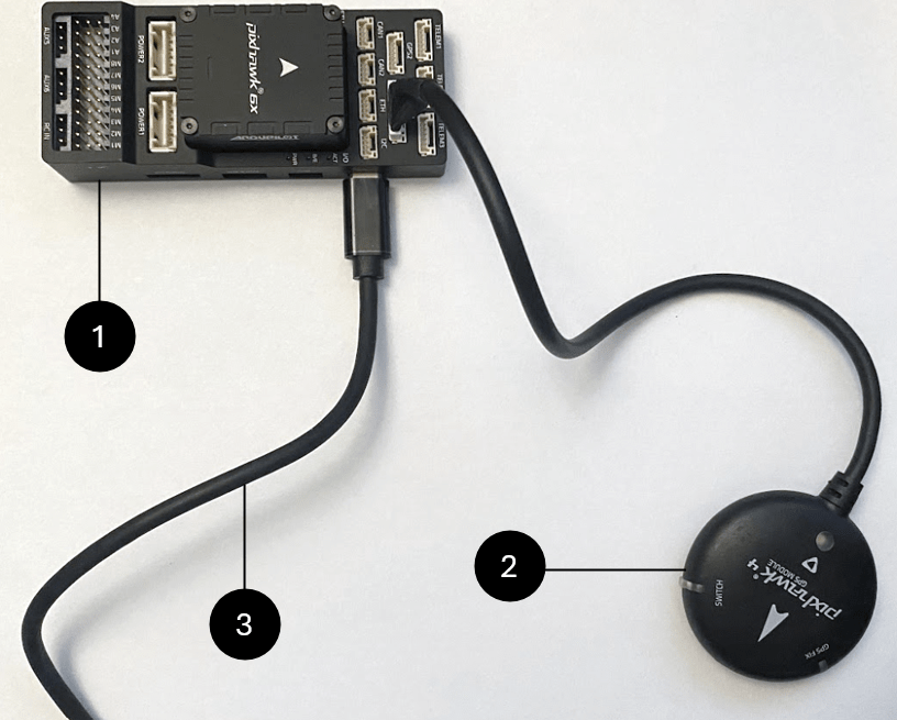 A Pixhawk 6x autopilot that is connected to a computer through a USB cable, and a GPS module.
